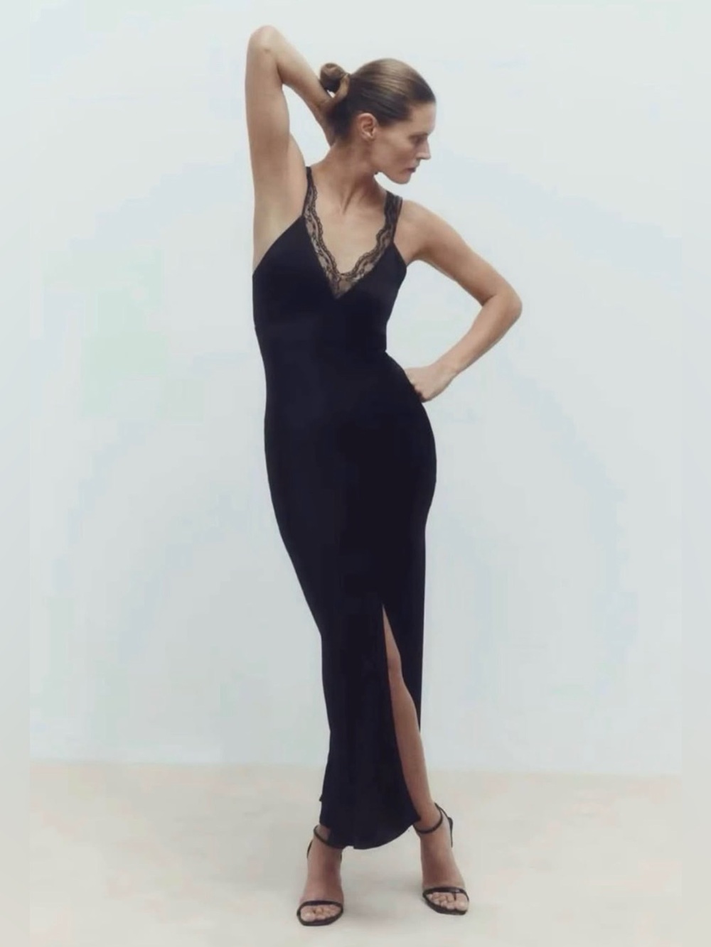 Zara Black Lace-Trim Slip Maxi Dress with Side Slit
